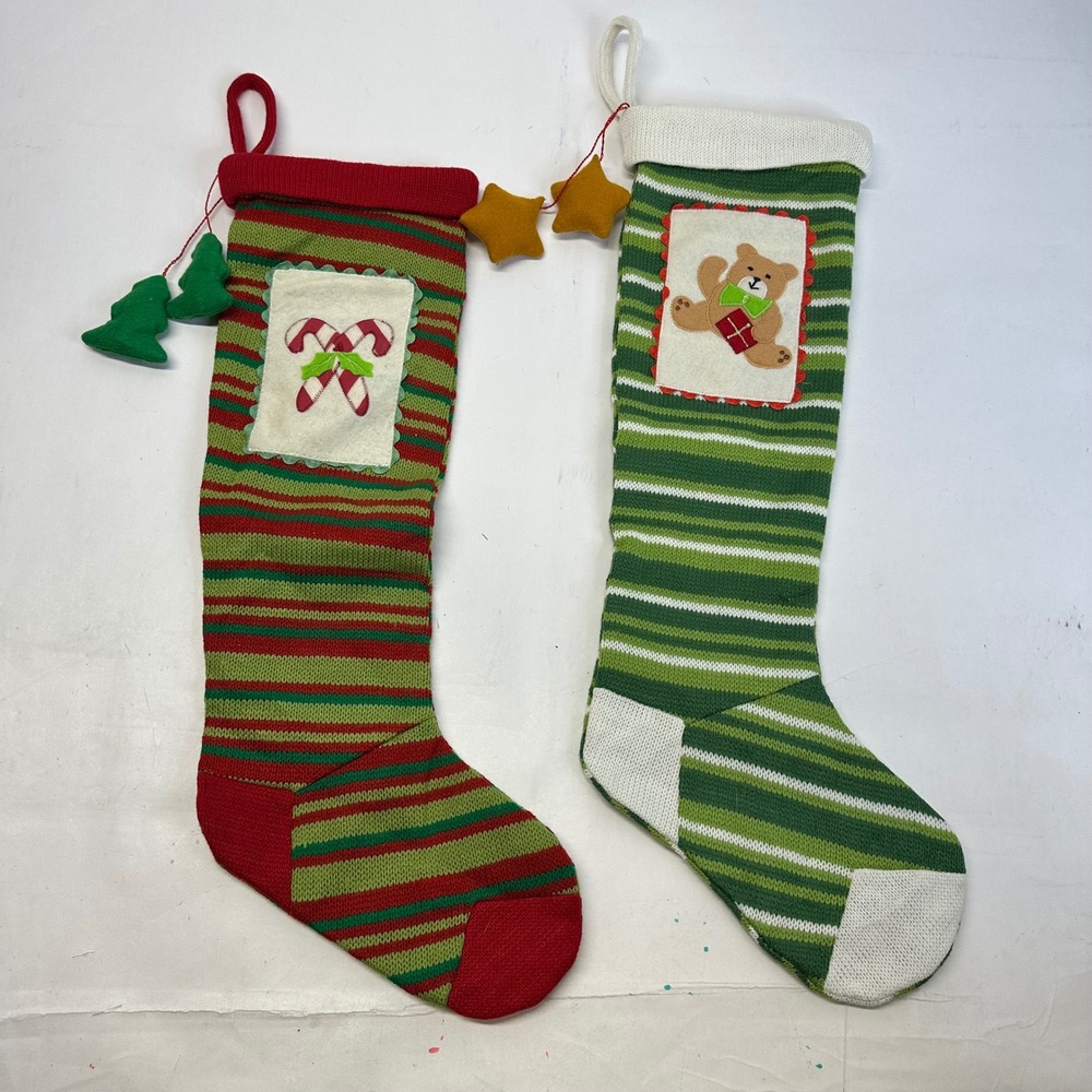 Christmas Stockings Set of 2 Red Green‎ Stripe Bear Candy Cane Ornaments
